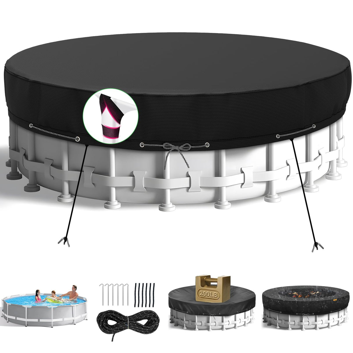 HIGHTQURO 18Ft Round Pool Cover,Heavy Duty Waterproof Round Pool Covers for Above Ground Pools with Ground Nails and Windproof Ropes,Increase Stability&Tear-Resistant, Waterproof and Dustproof, Black HIGHTQURO