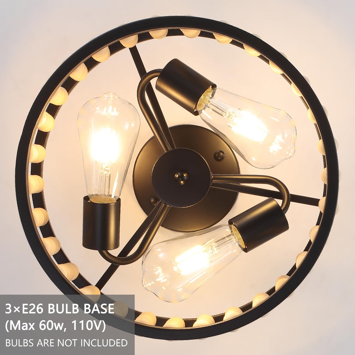 Luupyia Wood Bead Ceiling Light 3Lights, 12.79Inches Vintage Boho Ceiling Light Fixture Small Chandeliers Semi Flush Mount Mid Century Retro Overhead Lighting for Bedroom Foyer Hallway, E26 Luupyia