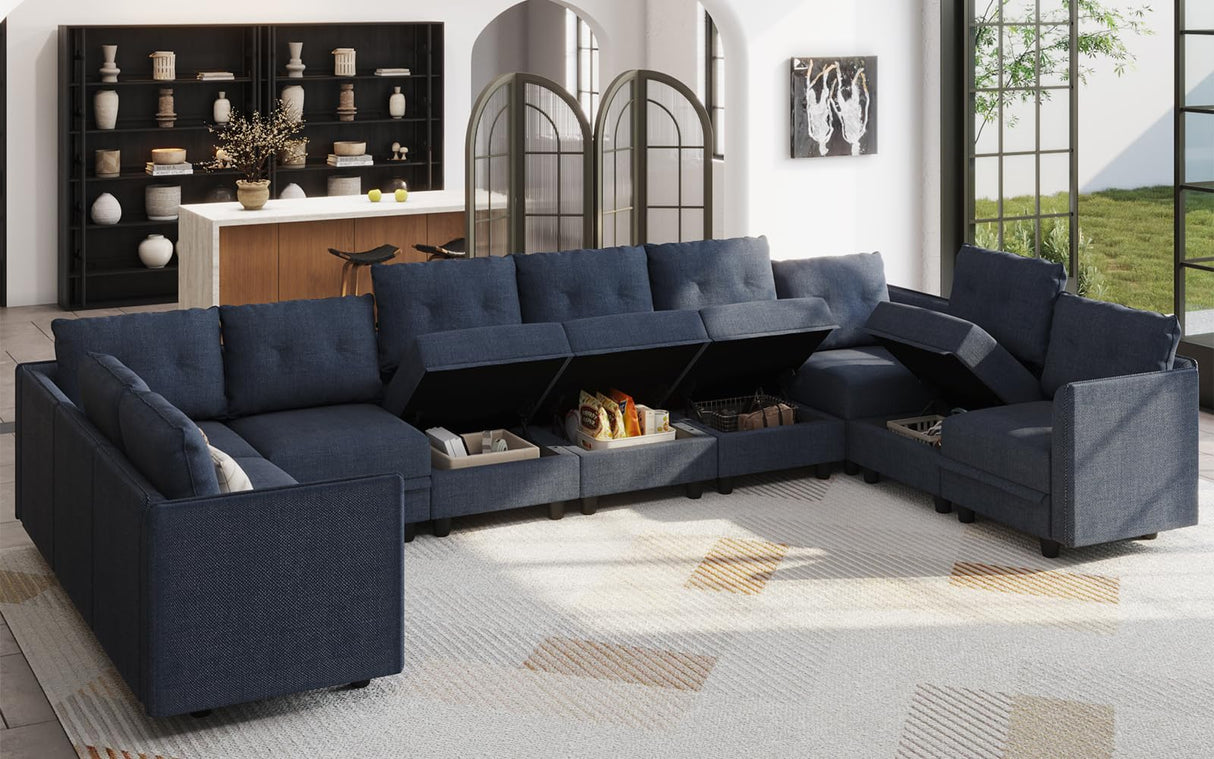 LLappuil Oversized Sectional Sofa Modular Couch with Storage, 10 Seater U Shaped Sectional Couches Set for Living Room, Denim Blue LLappuil
