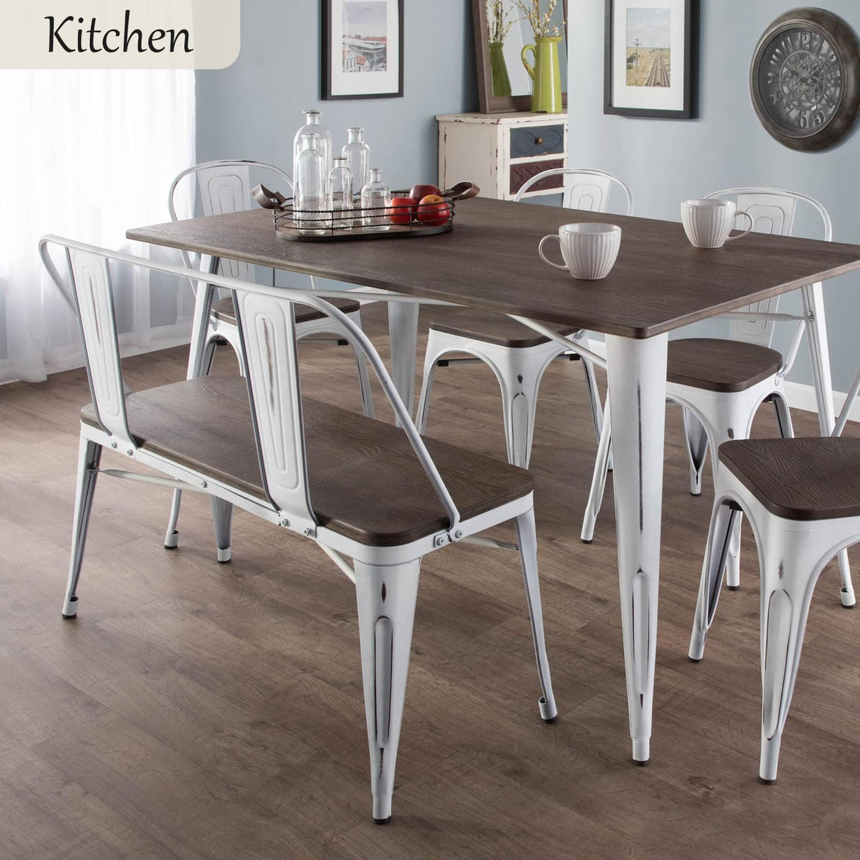 YOLENY Dining Bench, Entryway Bench with Back, Farmhouse Metal Dining Bench, Industrial Mid-Century 3 Person Rustic Spindle Bench, with Wood Seat, Removable Backrest, 42in, White YOLENY