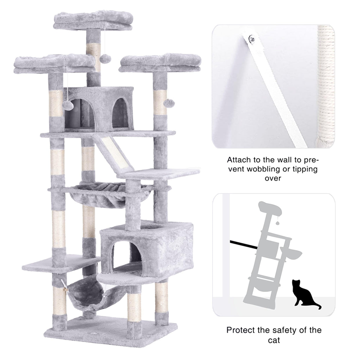 Heybly Cat Tree, 73 inches Tall Cat Tower for Large Cats 20 lbs Heavy Duty for Indoor Cats,Big Cat Furniture Condo for with Padded Plush Perch, Cozy Basket and Scratching Posts Light Gray HCT030W Heybly