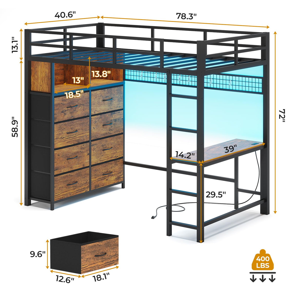 ADORNEVE Twin Size Loft Bed with Desk and 8 Storage Drawers, Metal Kids Loft Bed Twin with LED Lights & Charging Sation, Storage Shelves, 13.1" H Safety Guard & Ladder, Rustic Brown ADORNEVE