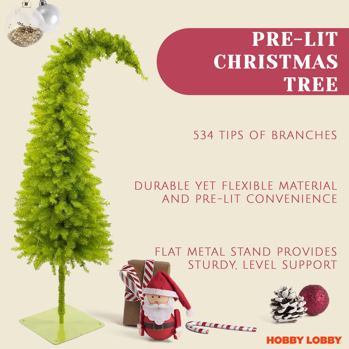 5 Ft Prelit Christmas Tree with Stand – Artificial Lighted Christmas Tree for Indoor Use – Whimsical Plastic Trees w/Metal Base & LED Lights - Holiday Decor for Living Room, Tabletop Hobby Lobby