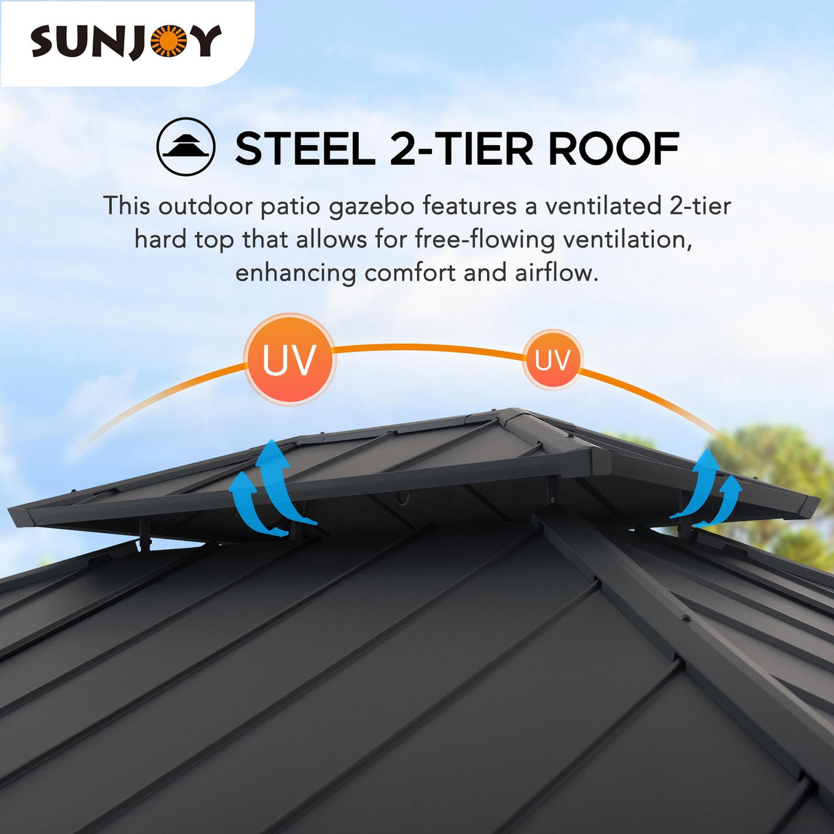 Sunjoy Hardtop Gazebo 10 x 12 ft. Outdoor Patio Gazebo with LED Lights (Batteries Operated), Remote Control and Netting, Black Sunjoy