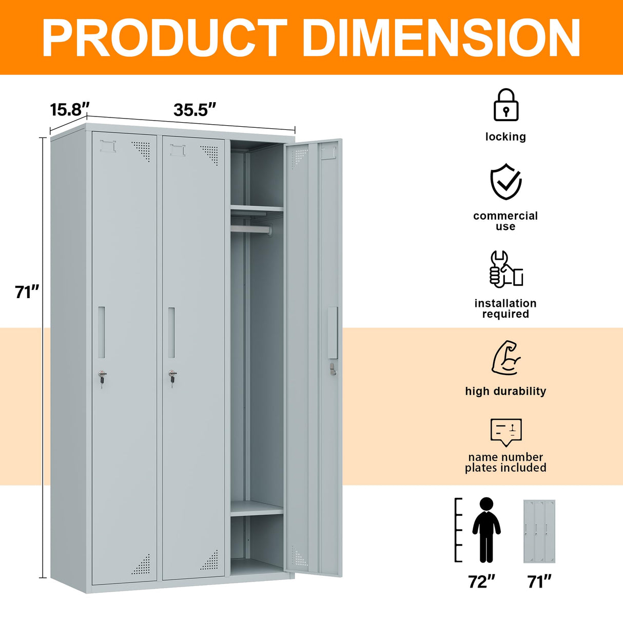Anxxsu Metal Locker with 3 Doors Employees Locker, Metal Storage Locker with Hooks, 71" Storage Cabinet Lockers for Employees, Home, Office, Gym Requires Assembly (Grey) Anxxsu