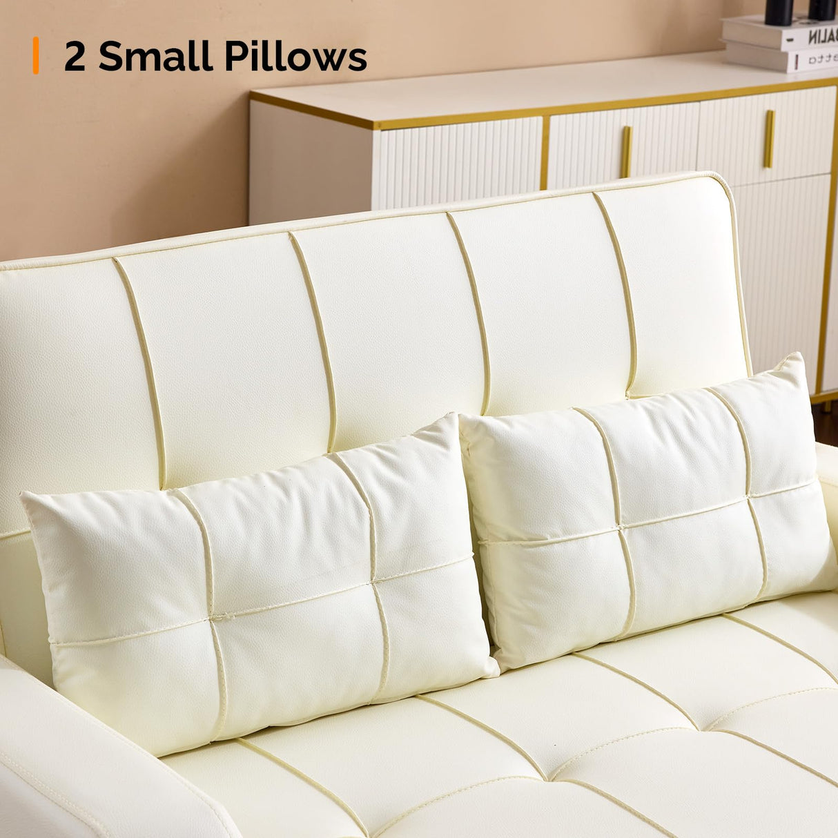 VINGLI Beige Futon Sofa Bed Convertible Loveseat Sleeper Couch, Faux Leather Pullout Sofa Fold Out Couch Bed with USB Ports, Cup Holders, Armrest for Living Room, Bedroom Apartment Room VINGLI