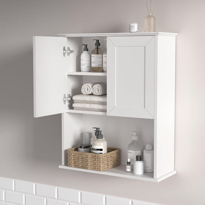 Bathroom Wall Cabinet Wooden with 2 Doors,Over the Toilet Storage Cabinet,Bathroom and Laundry Wall Mount Storage Medicine Cabinet with Open and Adjustable Shelf,Easy Assembly (Style A -1 PC, White)