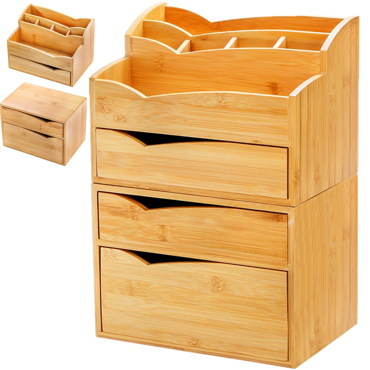 Yopay 2 Pack Bamboo Desk Organizer, Stackable Desktop Organizer with 3 Drawers, 100% Bamboo Office Tabletop, Countertop Organization for Stationery, Makeup Vanity, Fully Assembled Yopay