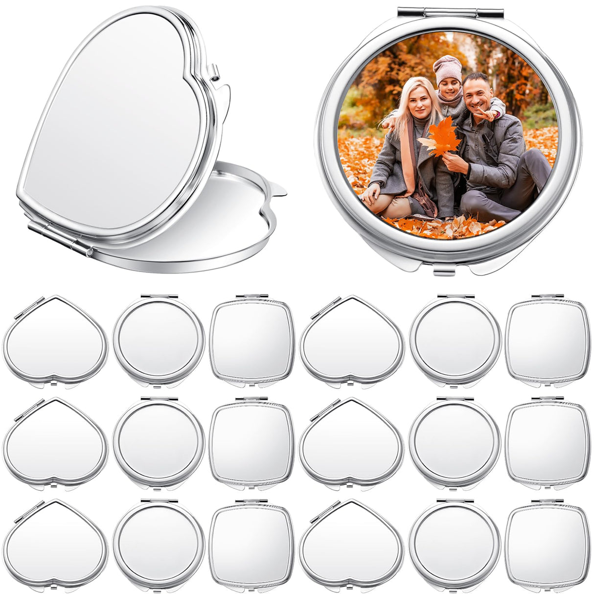 Jetec 18 Pcs Sublimation Blanks Products Small Compact Mirror Bulk Heat Transfer Folding Pocket Makeup Mirror Heart Round Square Double Sided Handheld Sublimation Mirror for Women Gift Purse Travel Jetec