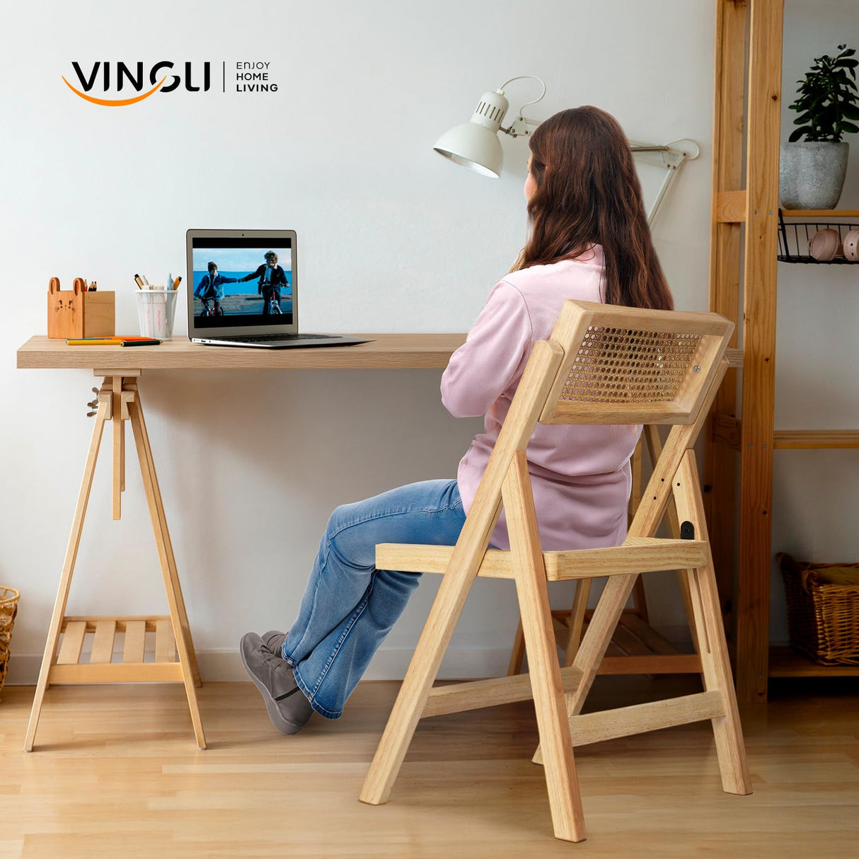 VINGLI Rattan Dining Chair, Wood Folding Chair with 360° Swivel Backrest, Rubberwood Frame and Rattan Woven Seat and Back, Natural Color, Set of 2 VINGLI