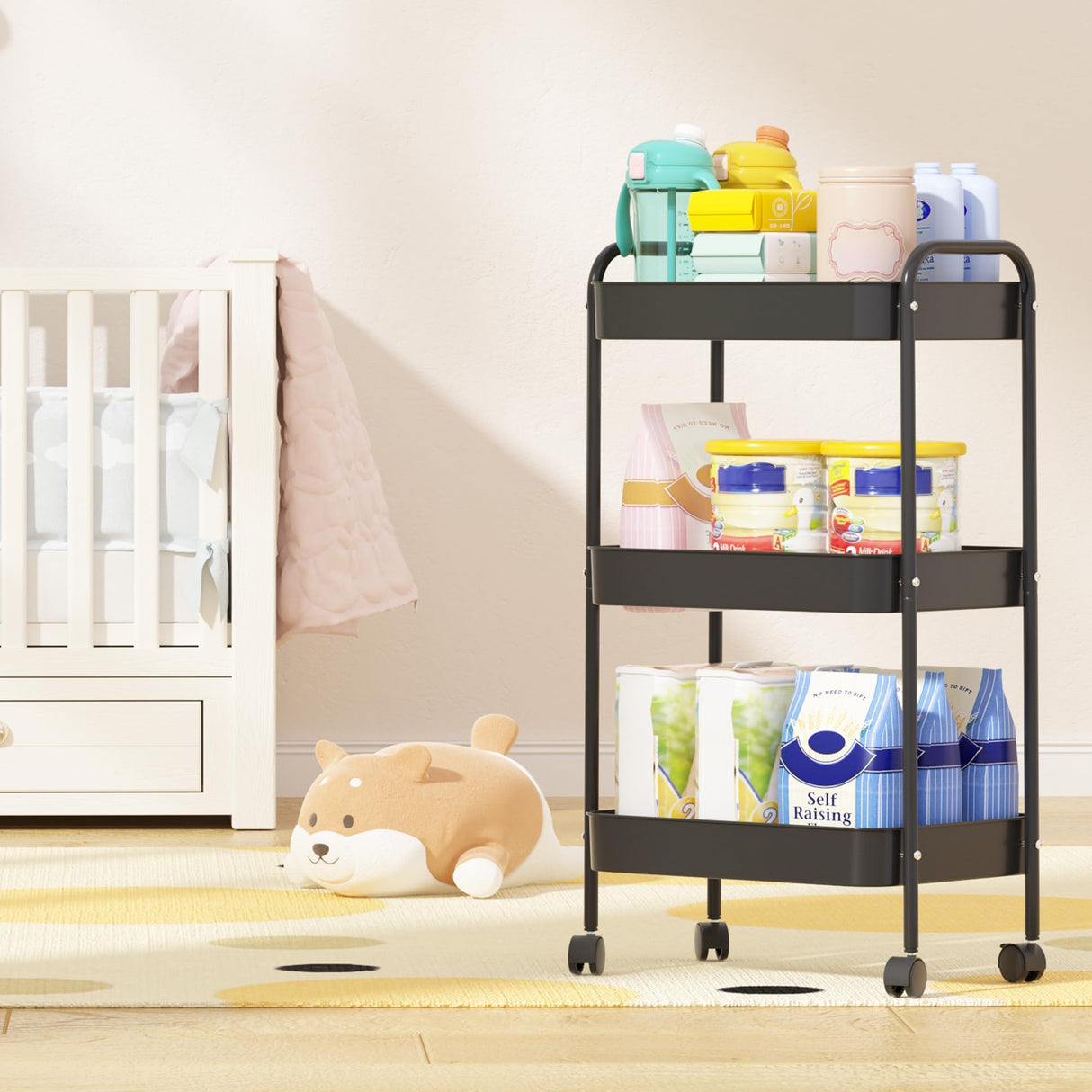Vtopmart 3 Tier Metal Rolling Cart with Wheels, Utility Storage Cart with Handle and Lockable Casters, Storage Basket Organizer Shelves, Easy Assemble for Kitchen, Living Room, Office, Nursery, Black Vtopmart