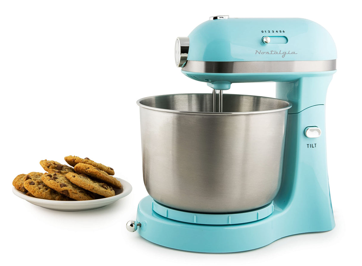 Nostalgia Classic Retro Professional 3.5 Qt Stand Mixer with Tilt Head and Stainless Steel Bowl, Six-Speed, Includes Dough Hooks and Beaters, Aqua Nostalgia