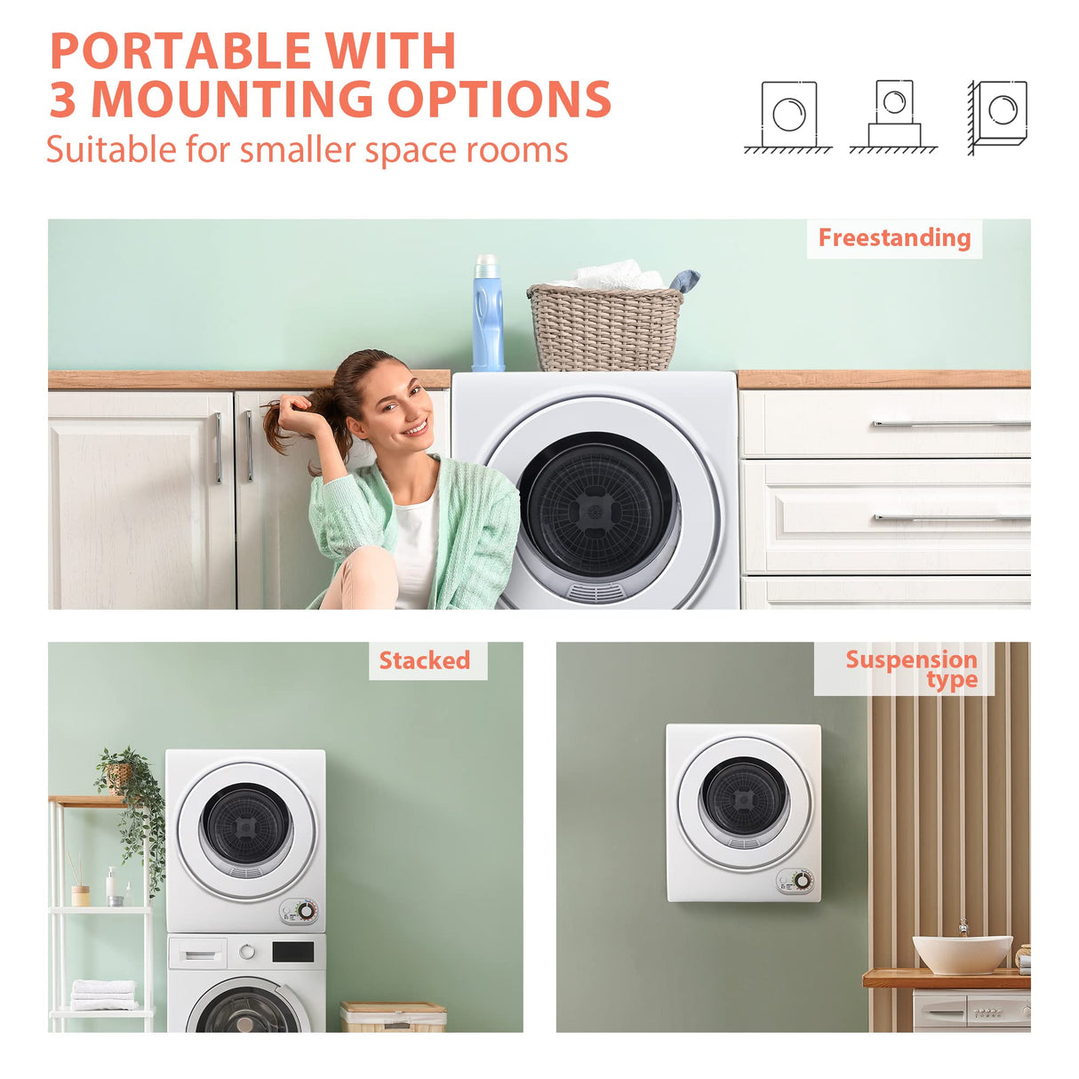 Euhomy 110V Portable Clothes Dryer 850W Compact Laundry Dryers 1.5 cu.ft Front Load Stainless Steel Electric Dryers Machine with Stainless Steel Tub for Apartment,RVs,Dorms,White Easy Control EUHOMY