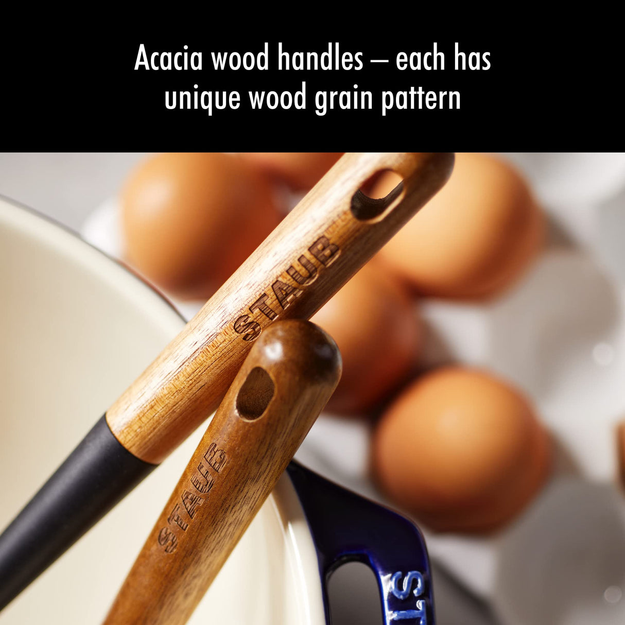 STAUB Silicone Spatula Turner, Perfectly Angled for Lifting Pancakes, Sandwiches and Picking up Veggies Durable BPA-Free Matte Black Silicone, Acacia Wood Handles, Safe for Nonstick Cooking Surfaces STAUB