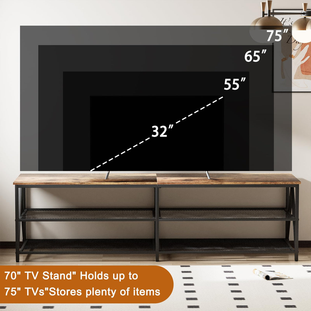 Katrawu TV Stand for TV up to 75 Inch, Long 70" TV Cabinet with 3-Tier Storage Shelves,Entertainment Center TV Console Table for Living Room with Industrial TV Metal Frame, Rustic Brown Katrawu