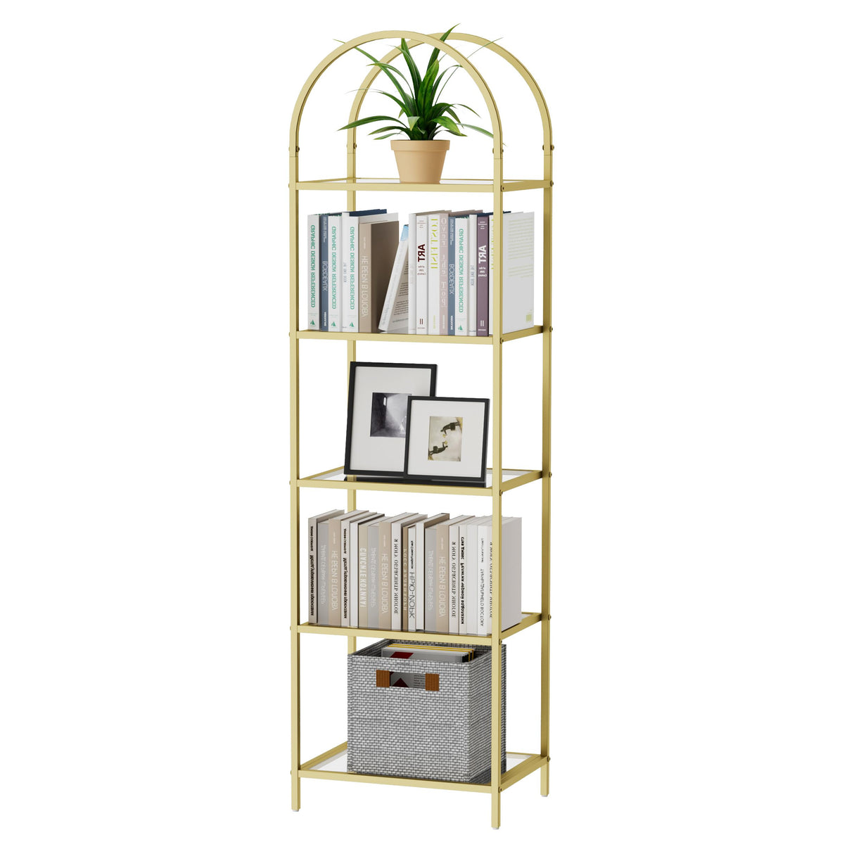 Homhedy Bookshelf Arched Display Racks,Metal Bookcase,Tempered Glass Shelves,Storage Rack Shelf for Home Office,Living Room,Bedroom, Bathroom,Modern Style (Golden, 11.8" D x 13.8" W x 57.1" H) Homhedy