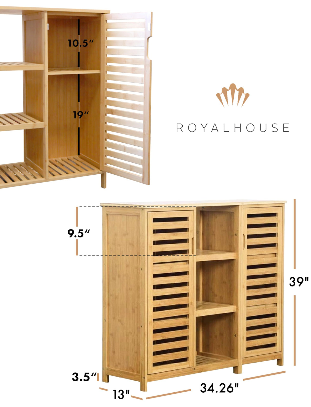RoyalHouse Bamboo Storage Cabinet with 2 Doors and Shelves, 3-Tier Open Shelves, Free Standing Storage Organizer, Cabinet for Bathroom, Living Room, Kitchen RoyalHouse