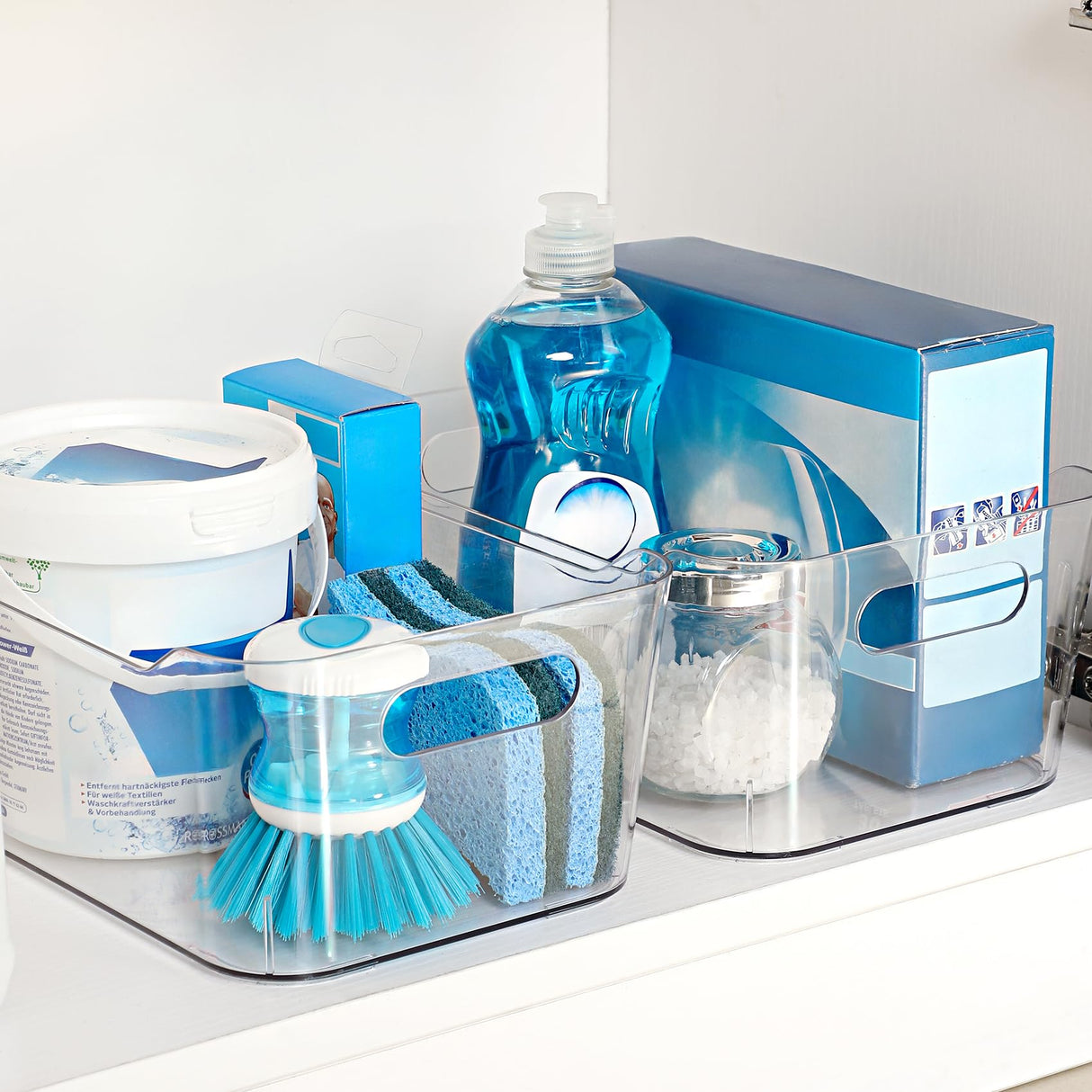 12 PACK Multi-Use Clear Plastic Storage Bins for Organizing w/ Labels - Home, Kitchen, Bathroom, Office, Pantry Cabinet Shelf Organizer Bins - SOHO Collection, RV, Fridge Organization Containers LANDNEOO