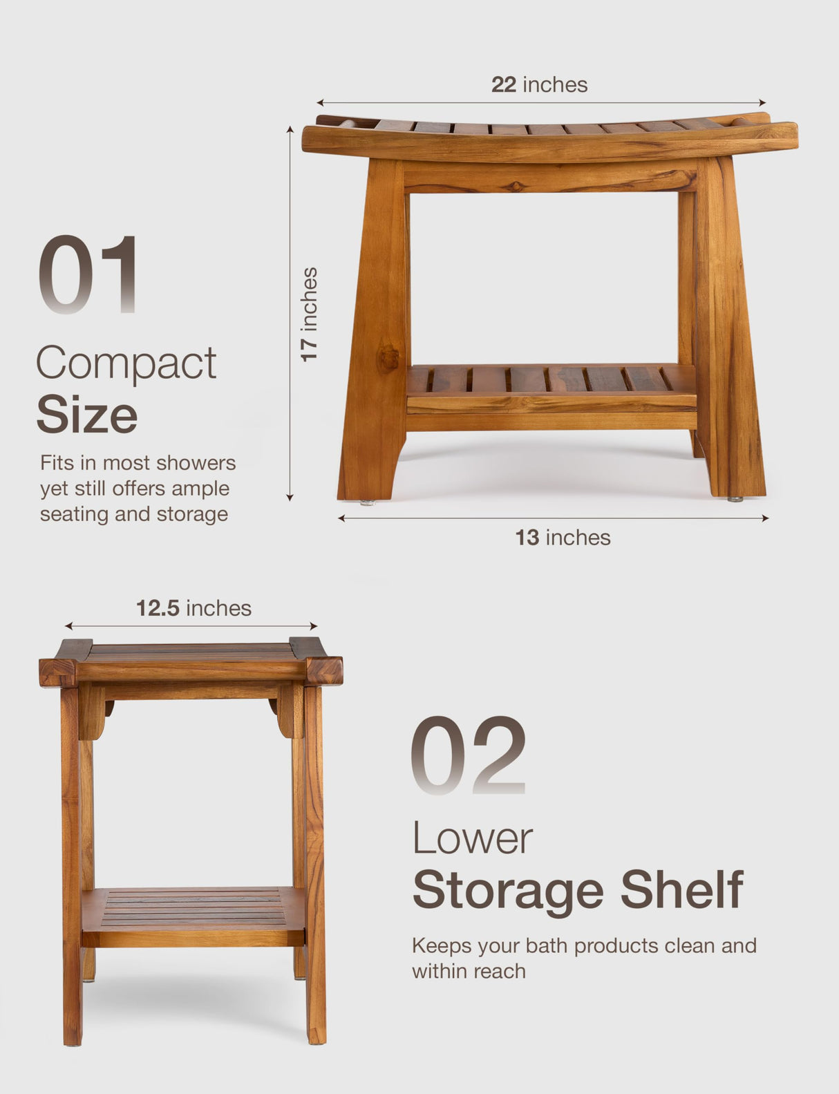 Tinamo 22”L Teak Shower Bench for Inside Shower - Teak Shower Stool & Wooden Bathroom Bench - Shower Chair for Inside Shower with Handles - Teak Shower Benches, Wood Bench for Bath with Storage Shelf Tinamo
