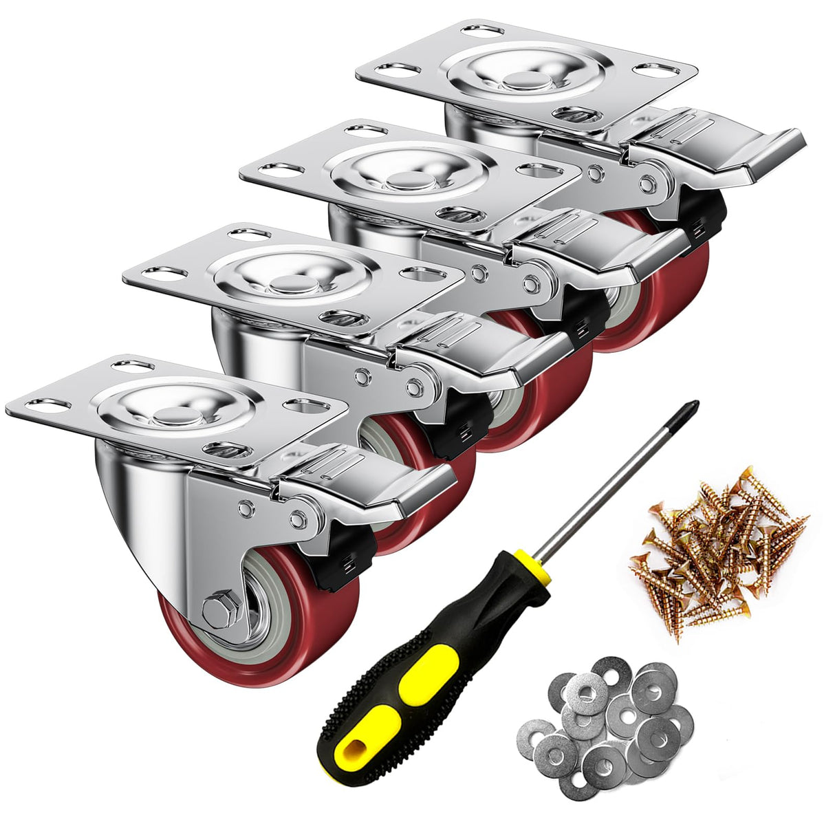 2 Inch Caster Wheels, Casters Set of 4, ASHGOOB Red Polyurethane (PU) Casters with Brake Heavy Duty, Industrial Locking Swivel Top Plate Castor Wheels for Workbench/Furniture/Cart ASHGOOB