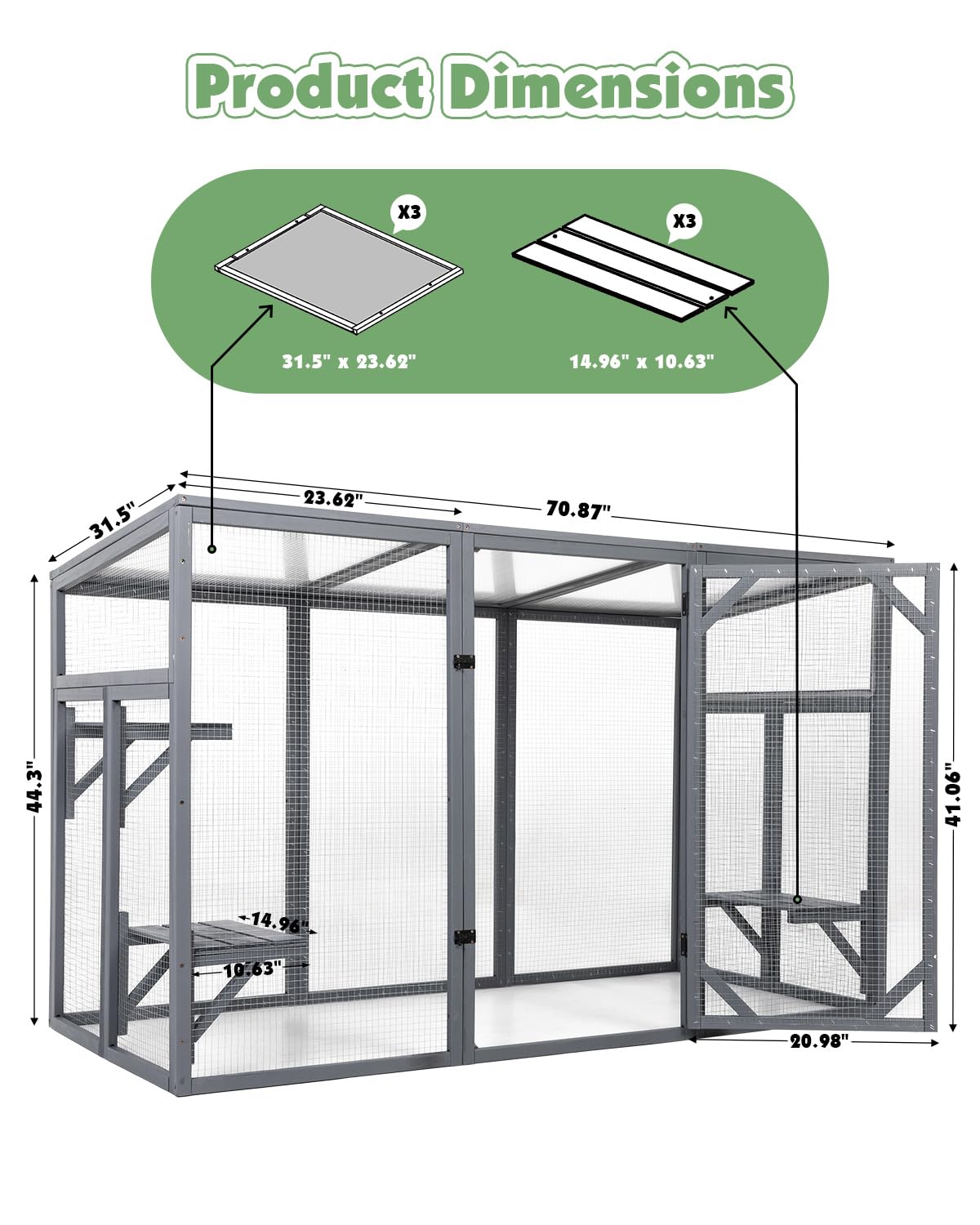COZIVVOVV Outdoor Cat House, 71" Catio Outdoor Cat Enclosure, Large Cat Houses & Condos, Cattio for Apartment Balcony, Window Cat Cage Weatherproof, Grey COZIVVOVV