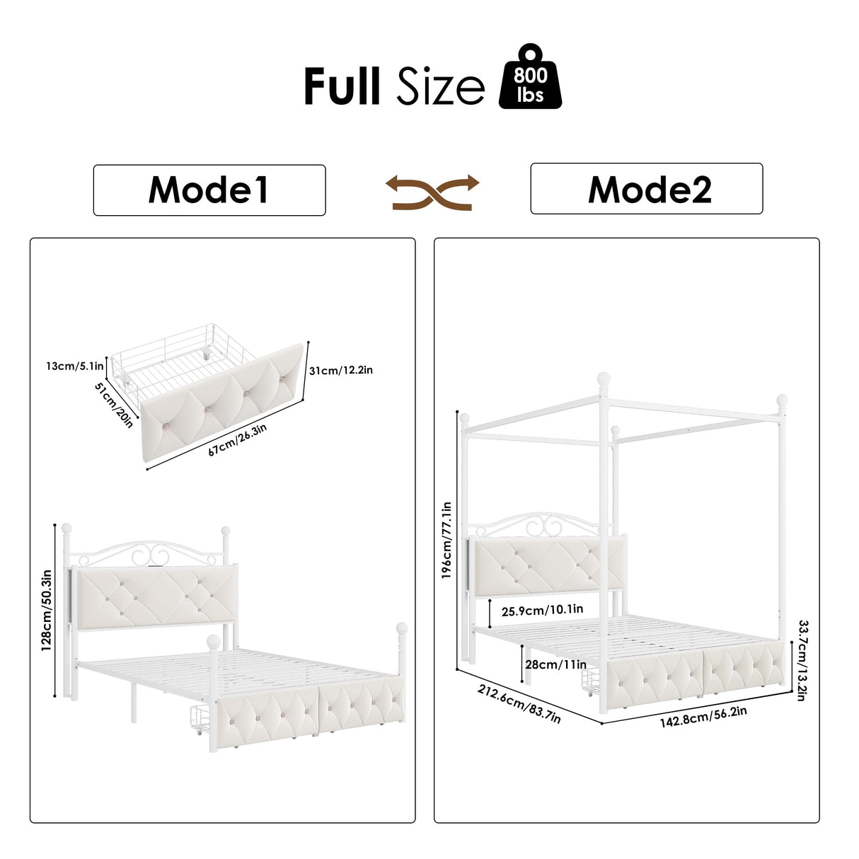 Full Upholstered Canopy Bed Frame with 2 Drawers & Crystal Tufted Storage Headboard Metal Platform Bed with Charging Station & 4 Removable Posts No Box Spring Needed Curtain Not Included, Beige Keyluv