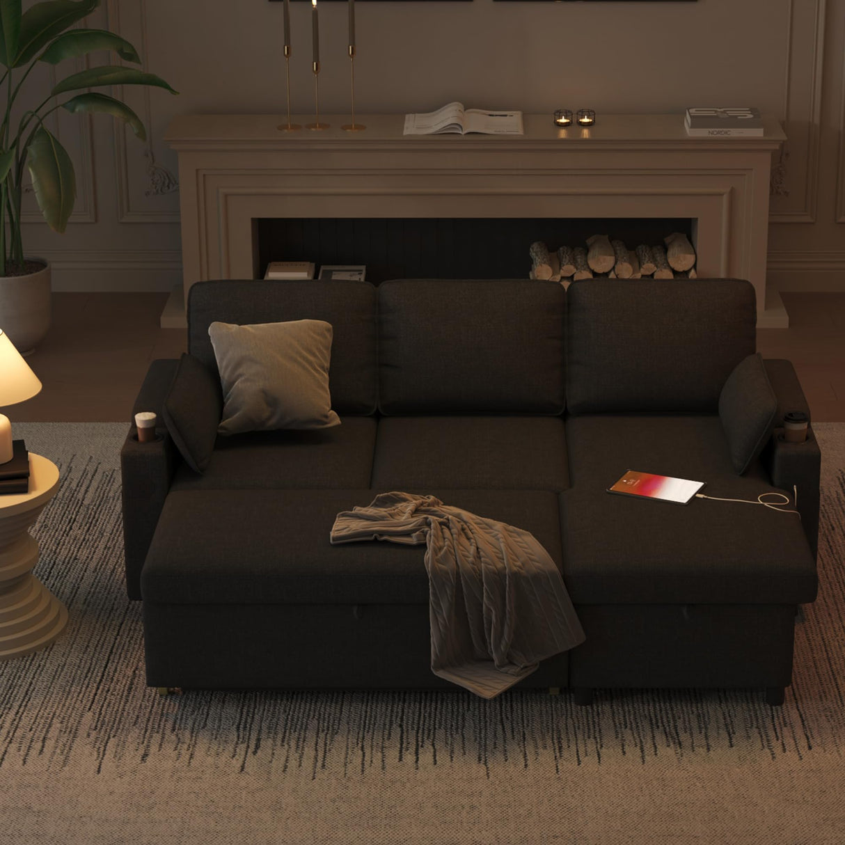 DURASPACE Sofa Bed Sleeper Pull Out 2 in 1 Sectional Sleeper Sofa Couches with Storage,USB, Cup Holder,Pullout Sectional Couches for Apartment Living Room (Dark Gray) DURASPACE