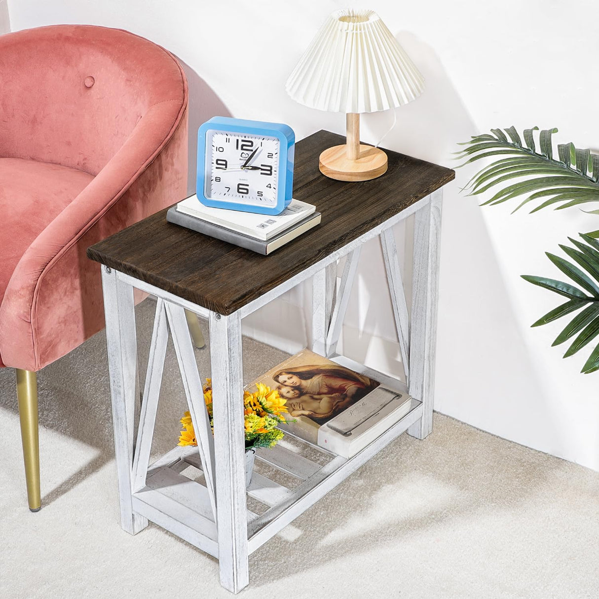 FEUFOAM Farmhouse End Table Narrow Side Table Living Room Slim End Tables with Storage Shelf 2 Tier Nightstand for Bedroom Hallway Dormitory, Rustic Brown and White FEUFOAM