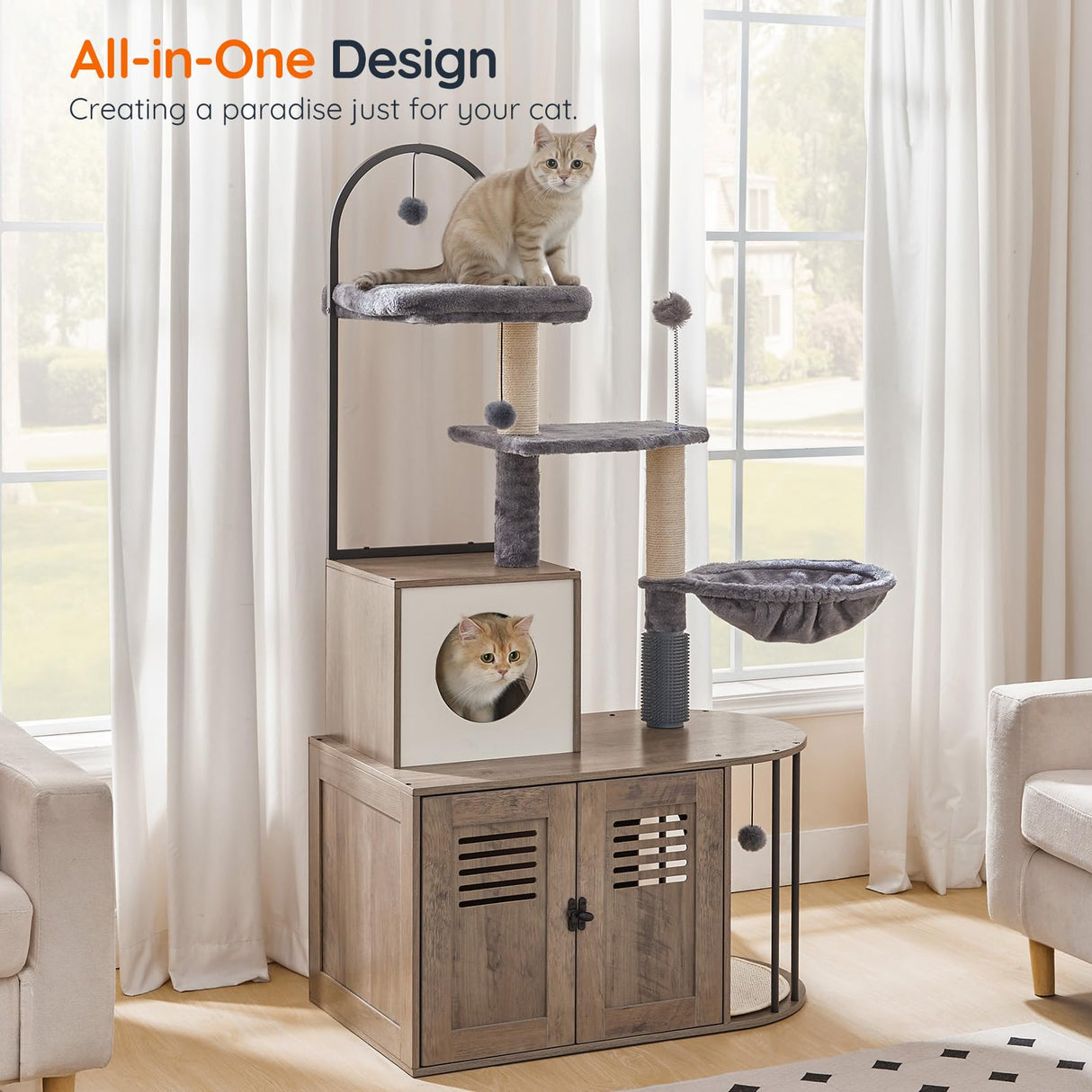 HOOBRO Cat Tree with Litter Box Enclosure, Arched All-in-One 31.5" Cat Tower with Hidden Litter Box Furniture for Indoor Cats, Versatile Cat Condo with Sisal Posts, Hammock, Greige and Gray BG45MZ03 HOOBRO