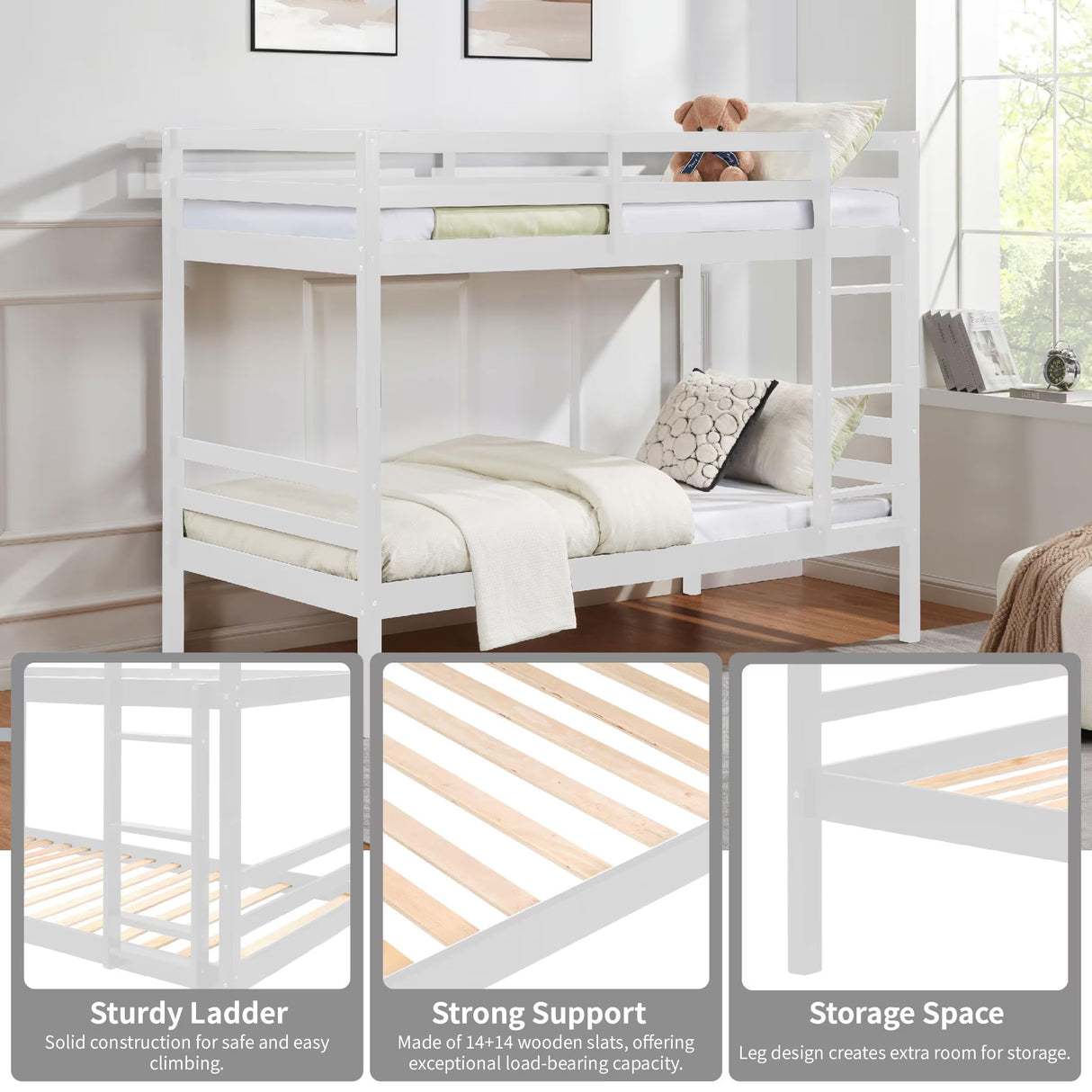 Twin Over Twin Bunk Bed with Ladder,Wooden Bunk Bed with High Guardrail and Ladder for Kids, Teens, Dorm Rooms, and Guest Rooms,No Box Spring Needed Softa