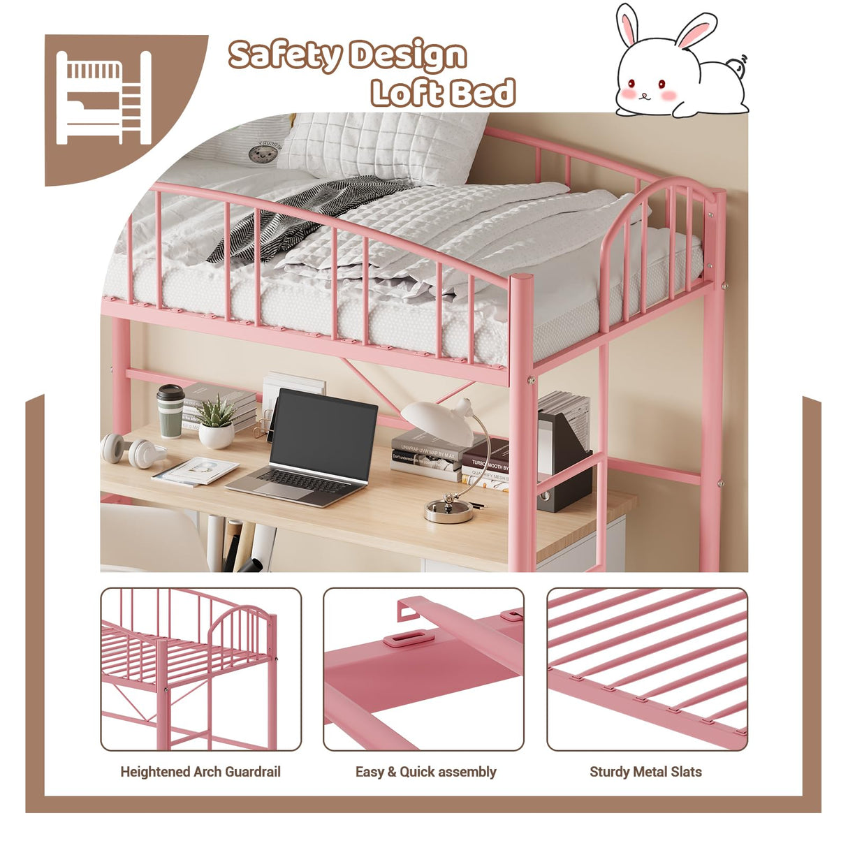 Garvee Loft Bed Twin Size with Ladde and Arched Guardrail, Heavy Duty Metal Loft Bed Frame for Kids and Adults, Sturdy Steel Slats Support, Small Space Saving Design, No Box Spring Needed, Pink Garvee