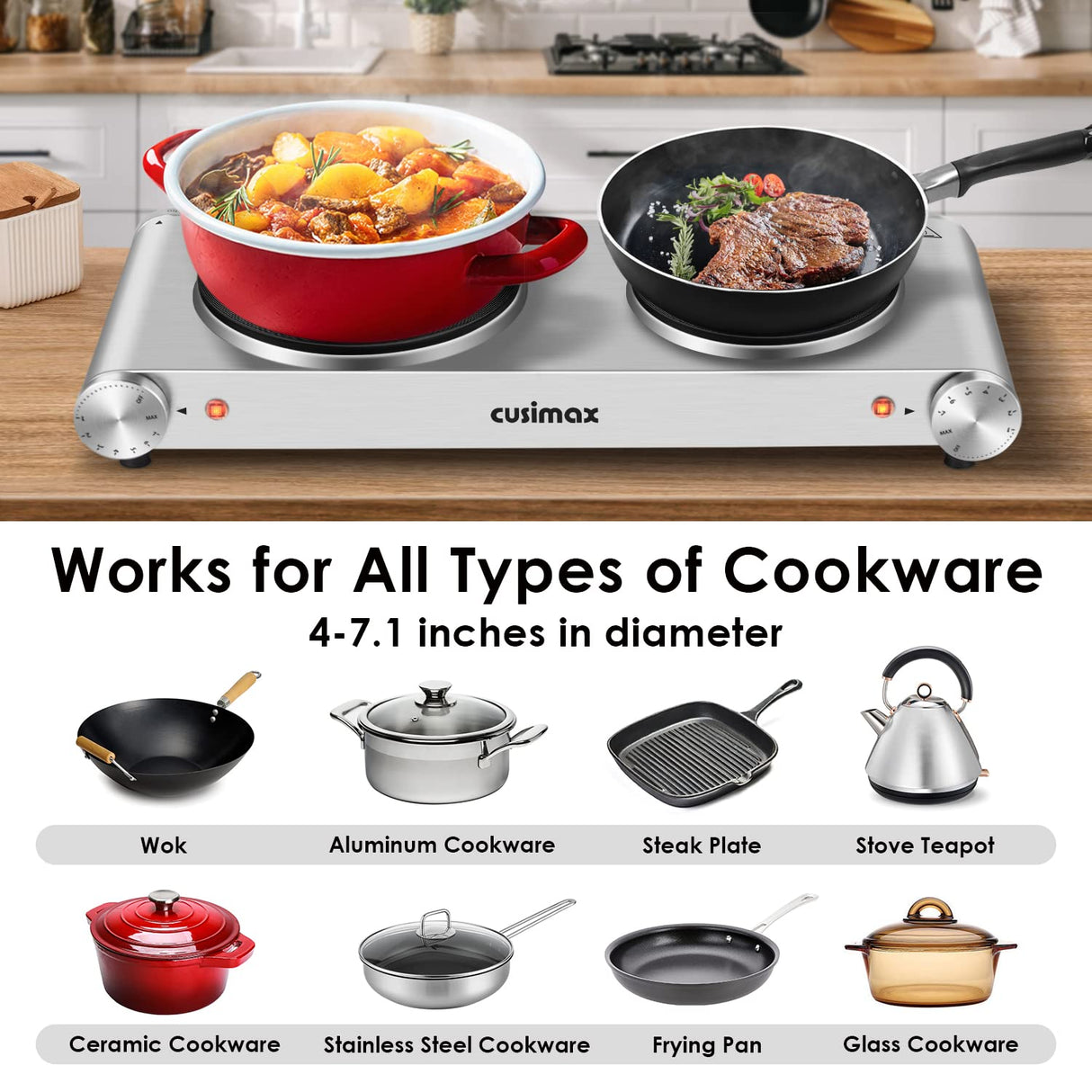 CUSIMAX Hot Plate, Electric Double Burner, 1800W Cast Iron Countertop Cooktop, Portable for Cooking, Compatible for All Cookwares, Easy Clean, Upgraded Version CUSIMAX