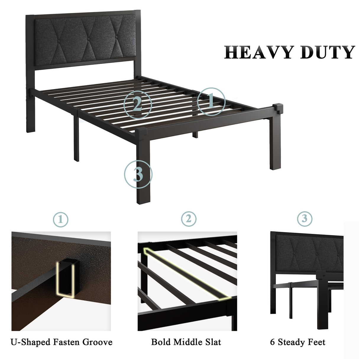 Feonase Twin Size Metal Bed Frame with Fabric Button Tufted Headboard, Platform Bed Frame with Heavy Duty Metal Slats, 12" Storage Space, Noise Free, No Box Spring Needed, Dark Grey Feonase