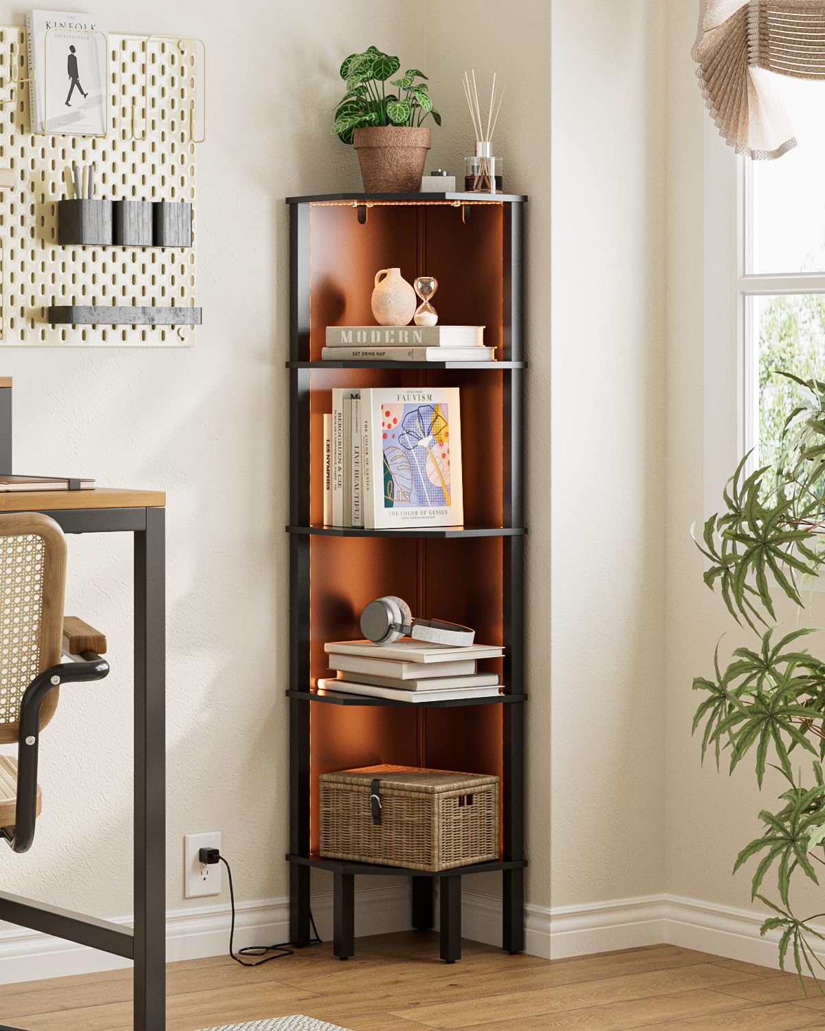 Acodaiuy Corner Shelf, 5 Tier Corner Bookshelf with LED Light,Wall Display Corner Shelf Stand with Storage Rack for Living Room,Bedroom,Office,Black Acodaiuy