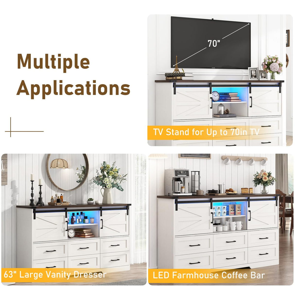 63" Farmhouse Dresser w/6 Drawers,60000-color Led Lights,Outlet, Large Chest of Drawers w/Sliding Barn Doors,Adjust Shelves,White Dresser TV Stand for 65/70in TV for Bedroom, Living Room chartustriable