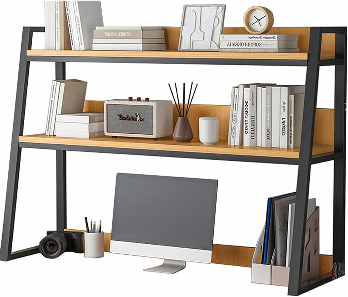 2-Tier Black Desktop Bookshelf Organizer for Efficient Home Office & Dorm Storage Oisei