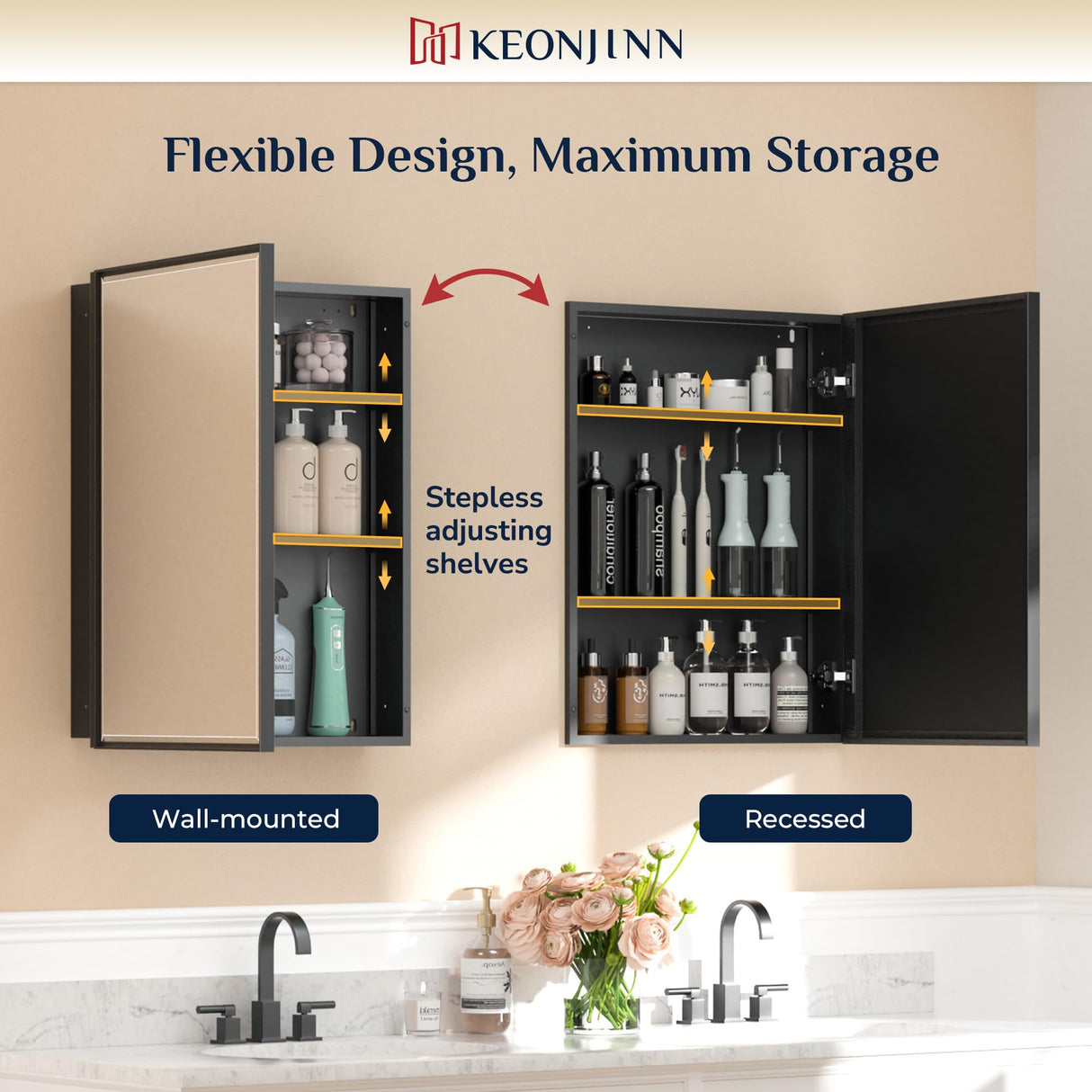 Keonjinn 16" x 24" Black Medicine Cabinets for Bathroom with Mirror Recessed or Surface Wall-Mounted Aluminum Alloy Framed Beveled Mirror, Single Door Metal Bathroom Vanity Mirror with Storage Cabinet Keonjinn