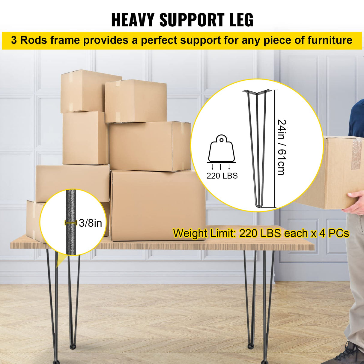 Happybuy Hairpin Table Legs 24" Black Set of 4 Desk Legs 880lbs Load Capacity (Each 220lbs) Hairpin Desk Legs 3 Rods for Bench Desk Dining End Table Chairs Carbon Steel DIY Heavy Duty Furniture Legs VEVOR