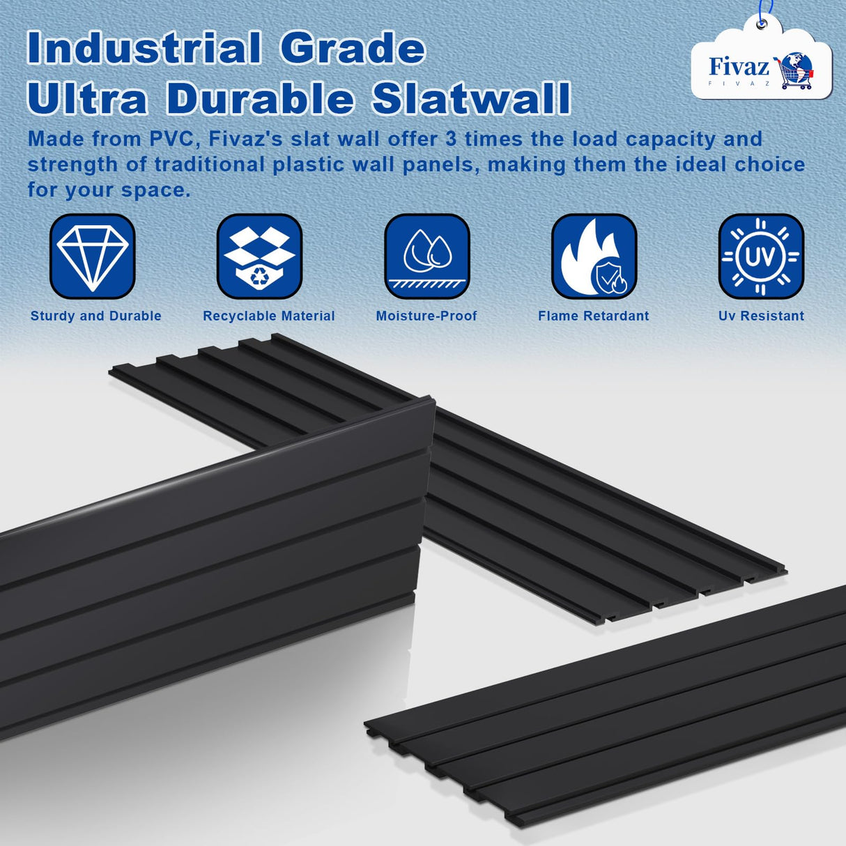 4'x8' PVC Slat Wall Paneling, High Load Capacity Slatwall Panel, Cuttable & Moisture-Proof & Flame Retardant, Heavy Duty Black Garage Slatwall Panes Storage Systems for Garage Workshop Storage Fivaz