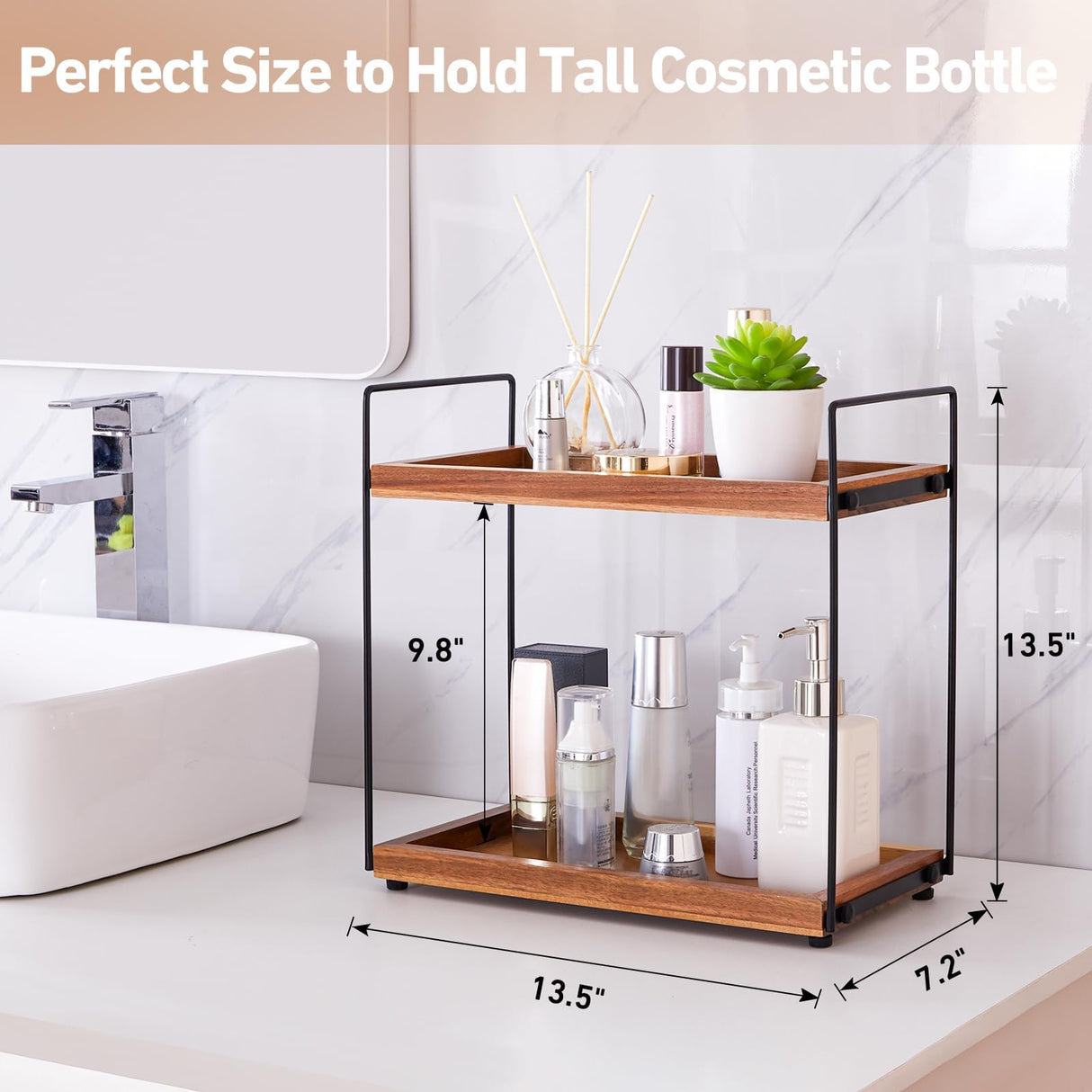 Bathroom Counter Organizer Countertop Storage - 2 Tier Bathroom Countertop Organizers Coffee Bar Organization Acacia Wood Counter Top Organizer Kitchen Spice Rack Vanity Shelf Toilet Vanity Organizers NICEPRING