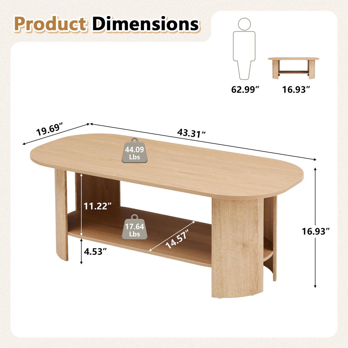 MAHYIZYI 43.3” Oval Coffee Tables for Living Room, Wood Farmhouse Coffee Table with Storage, 2-Tier Center Table with Storage Shelf Low Tea Table for Small Space, Home, Office (Natural) MAHYIZYI