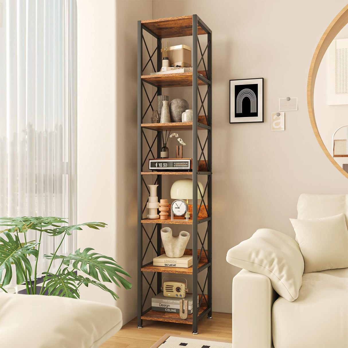 IBUYKE 6-Tier Tall Narrow Corner Bookcase for Small Space Storage in Rustic Brown IBUYKE