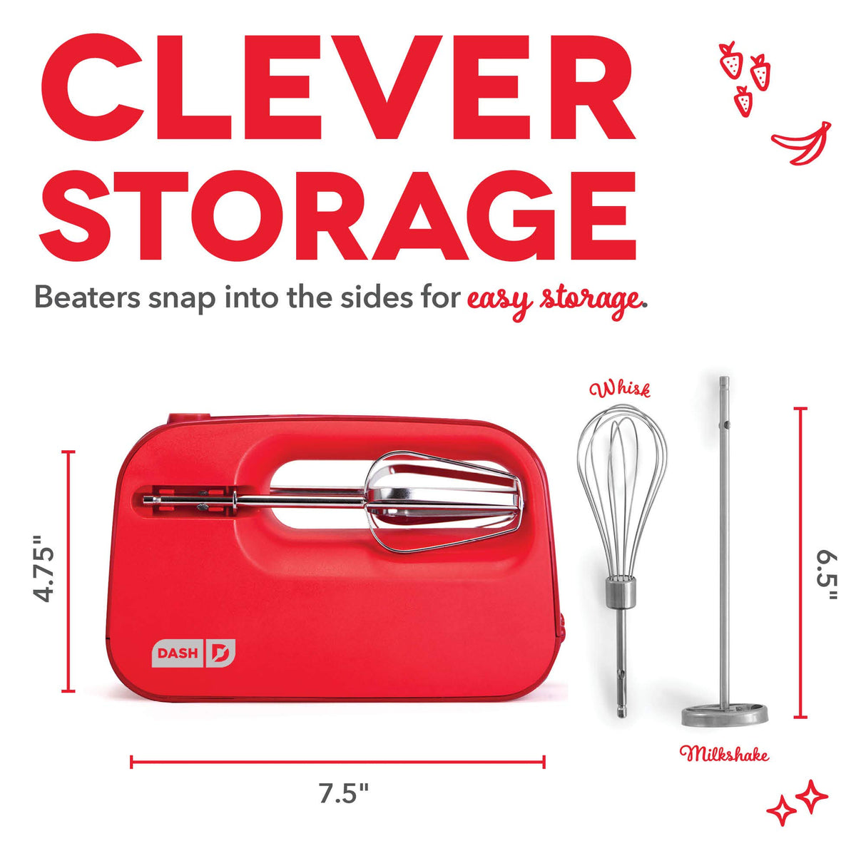 Dash SmartStore™ Deluxe Compact Electric Hand Mixer + Whisk and Milkshake Attachment for Whipping, Mixing Cookies, Brownies, Cakes, Dough, Batters, Meringues & More, 3 Speed, 150-Watt – Red DASH