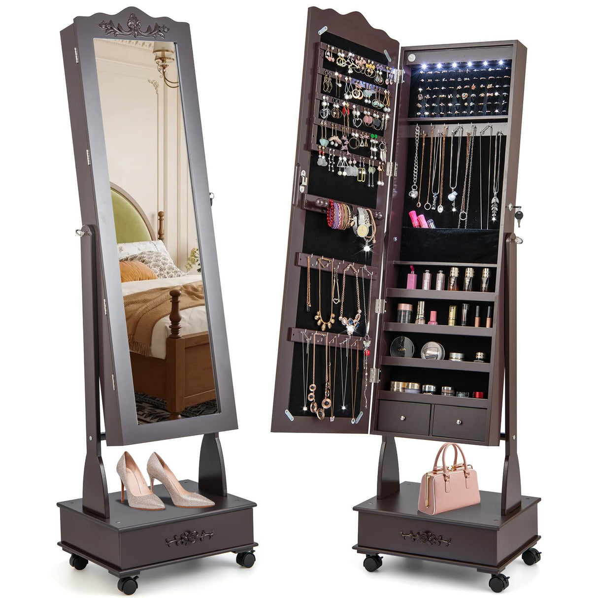 CHARMAID Rolling Jewelry Armoire with Full Length Mirror, Lockable Stand up Jewelry Cabinet with Lights and Wheels, Standing Jewelry Organizer with Drawers, Mirror with Jewelry Storage (Espresso) CHARMAID