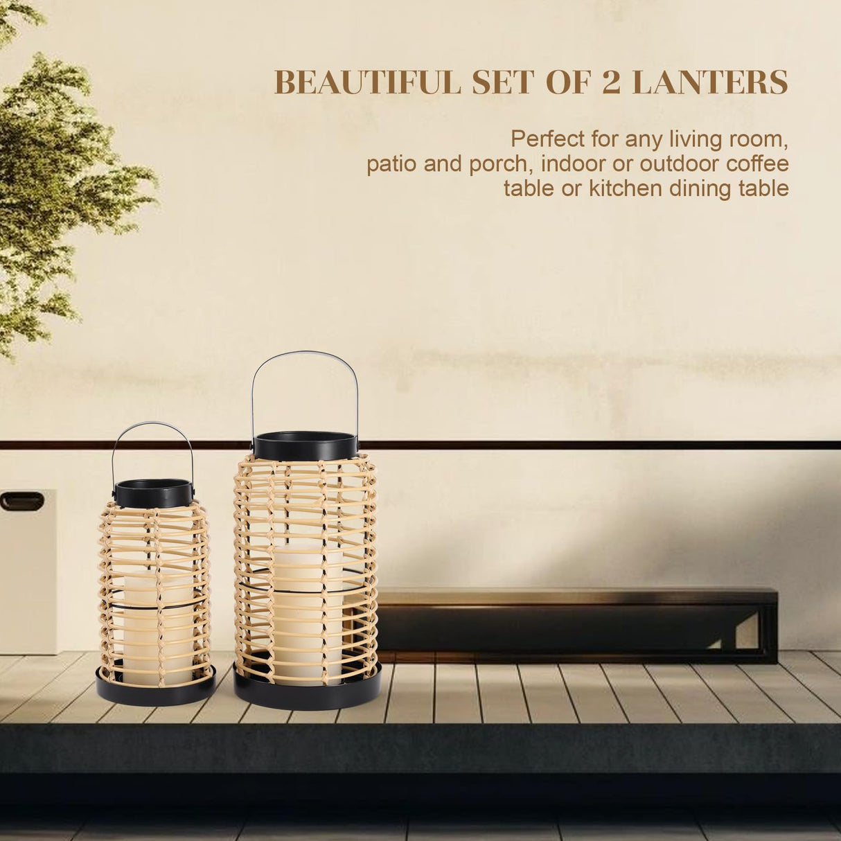 Handwoven Boho Lanterns Set of 2 – Decorative Candle Holders for Living Room, Dining Table Centerpiece, Patio & Porch – Modern Farmhouse & Bohemian Home Décor, Handcrafted Woven Lanterns SUJUN