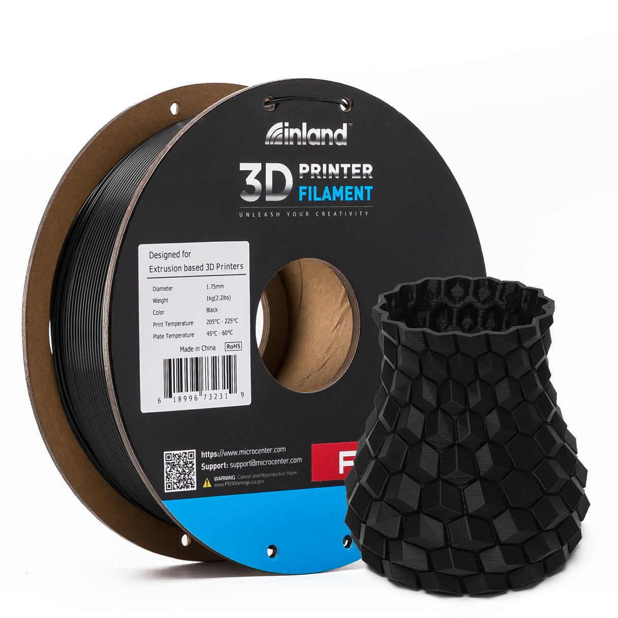 INLAND Micro Center PLA+ 3D Printing Filament 1.75mm - Black PLA Plus 3D Printer Filament - PLA Pro Dimensional Accuracy +/- 0.03 mm - 1 kg Cardboard Spool (2.2 lbs) INLAND
