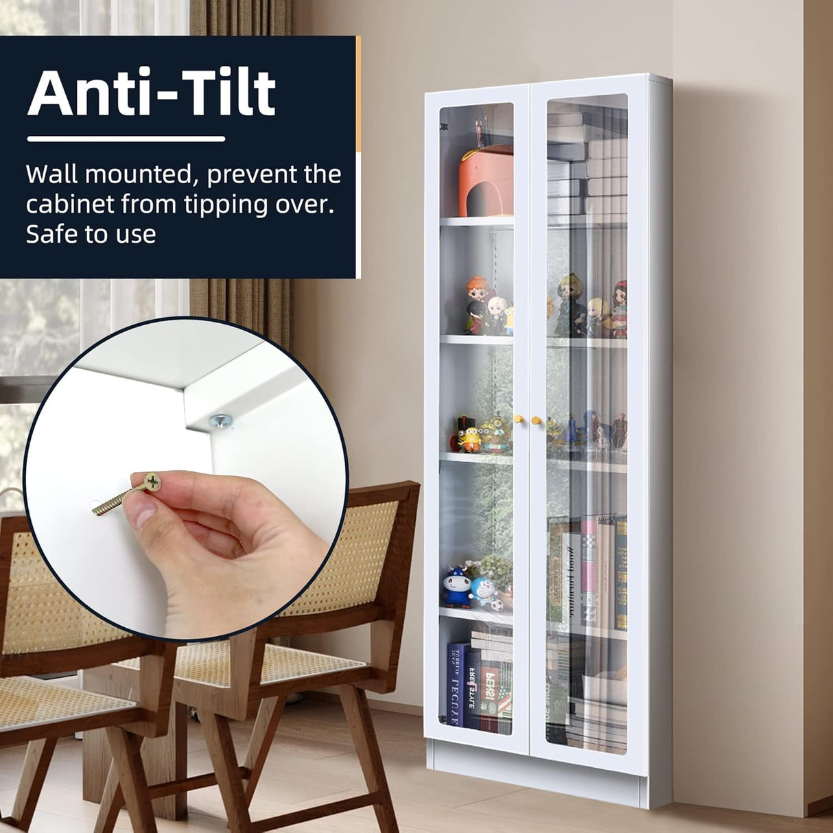 Alvisyd 72" Modern White Metal Display Cabinet with Adjustable Acrylic Doors and 5 Tiers Alvisyd