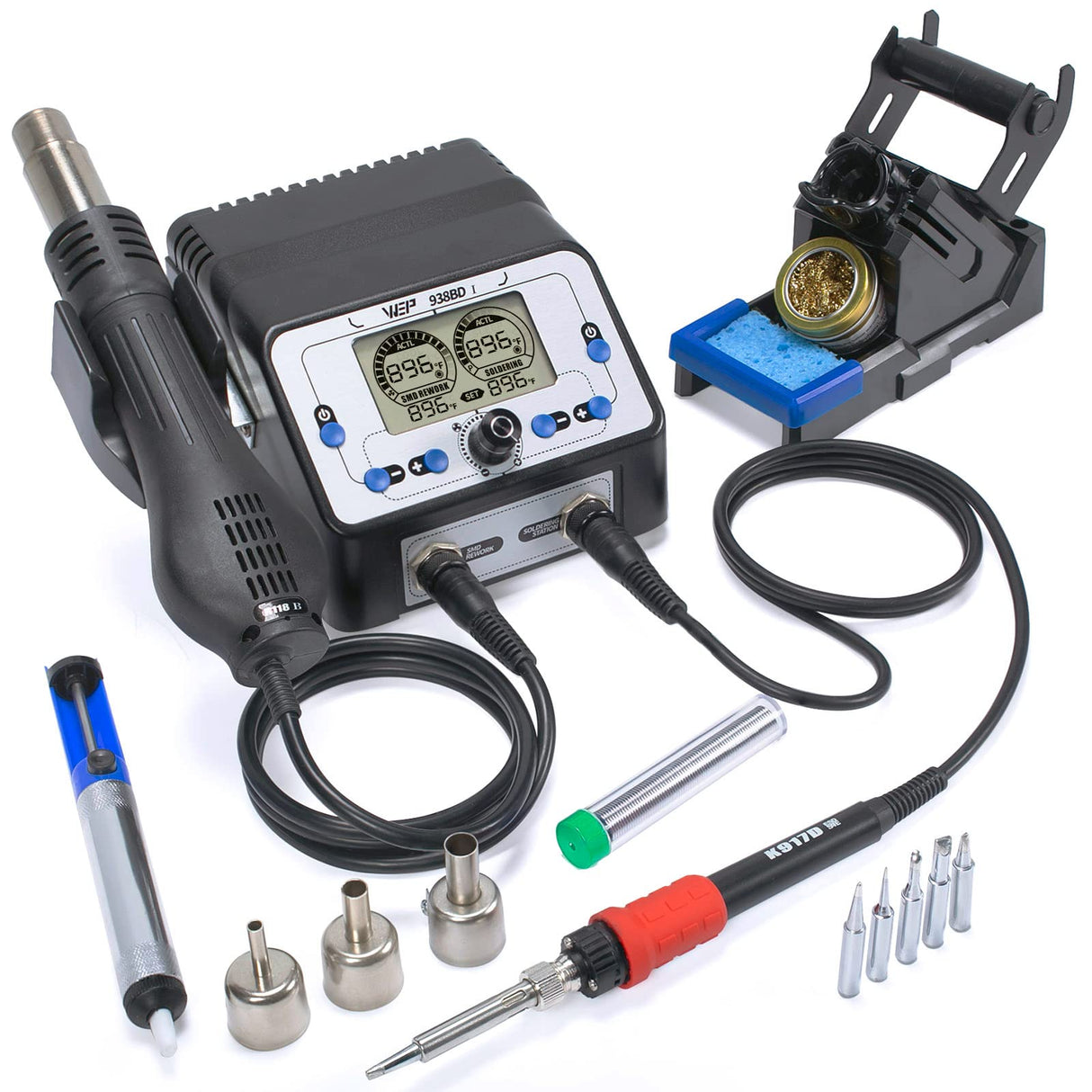 WEP 938BD-I Soldering Iron Station Hot Air Rework Station 2-IN-1 with LCD Display, PID Control, Hot Air Start/Stop, Sleep Mode, 3 Extra Nozzles, 5 Extra Soldering Tips, Solder Wire WEP