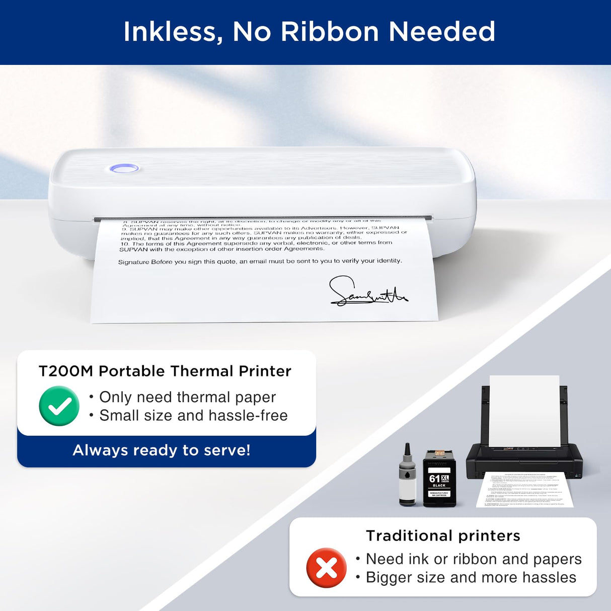 SUPVAN T200M Portable Printer Wireless for Travel, Bluetooth Inkless Printer with 300 DPI, Prints 400 Pages per Charge, Supports 8.5" X 11" US Letter, Compatible with iPhone, Android & Laptop SUPVAN