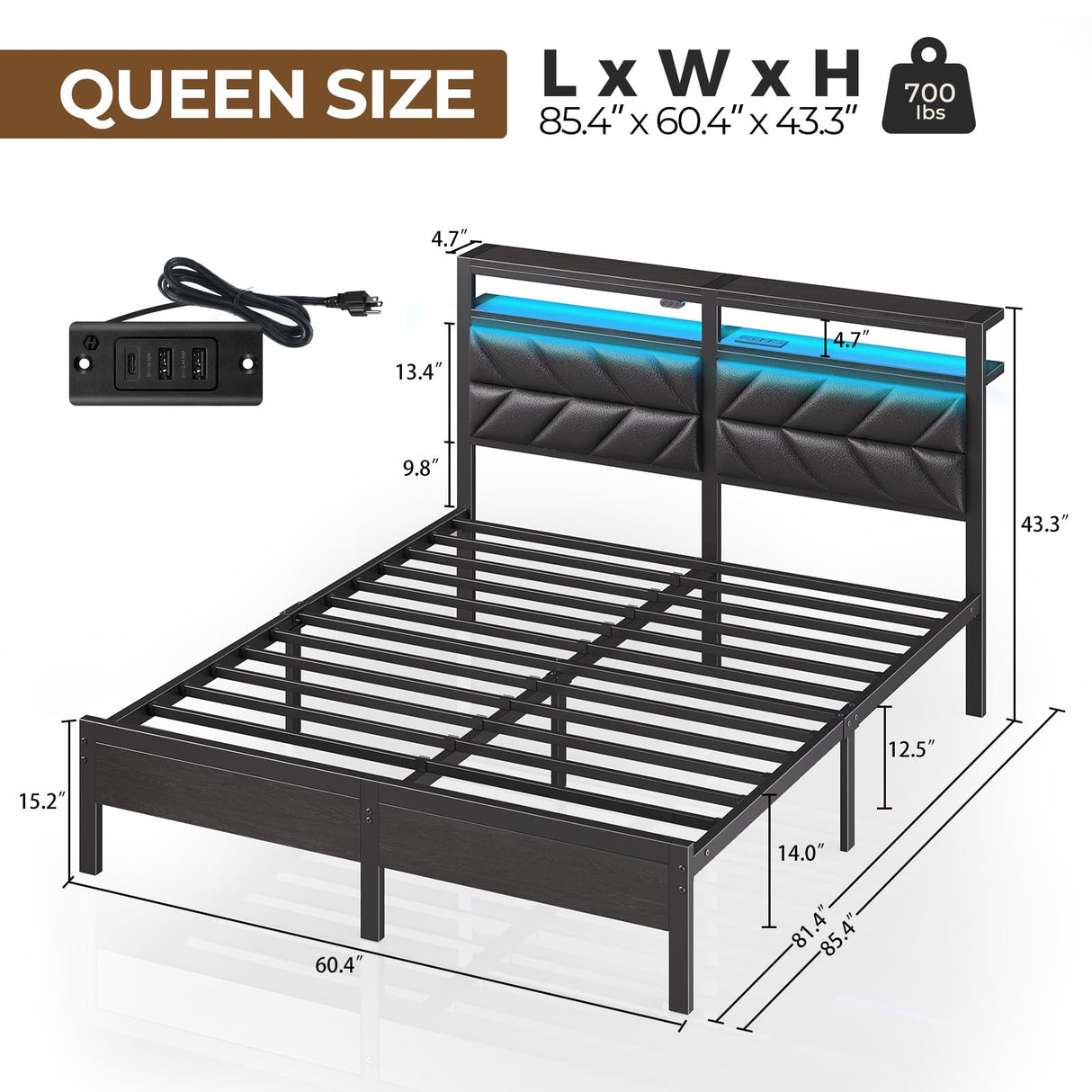 Seventable Bed Frame Queen Size with Charging Station, LED Bed with Upholstered Storage Headboard, Metal Platform Bed with Under Bed Storage, No Box Spring Needed, Noise Free, Easy Assembly, Black Seventable